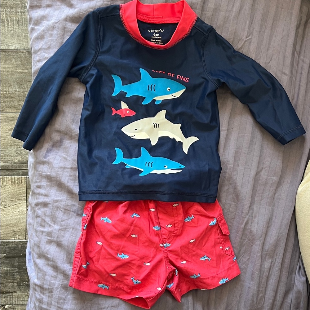Carter's Navy and Red Shark Rashguard Set 6 months
